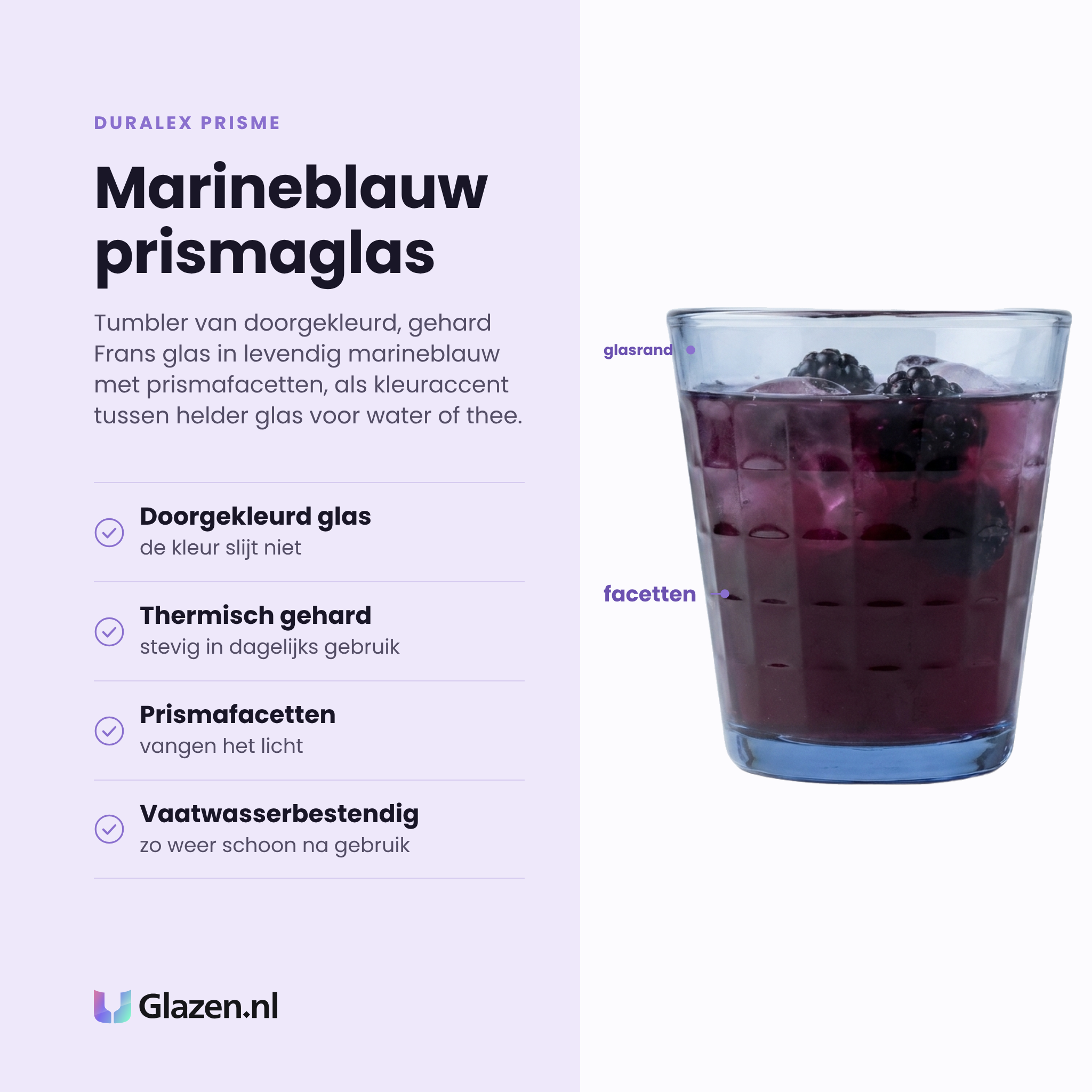 Duralex Prisme tumbler 22 cl eigenschappen: doorgekleurd glas, thermisch gehard, prismafacetten, vaatwasserbestendig