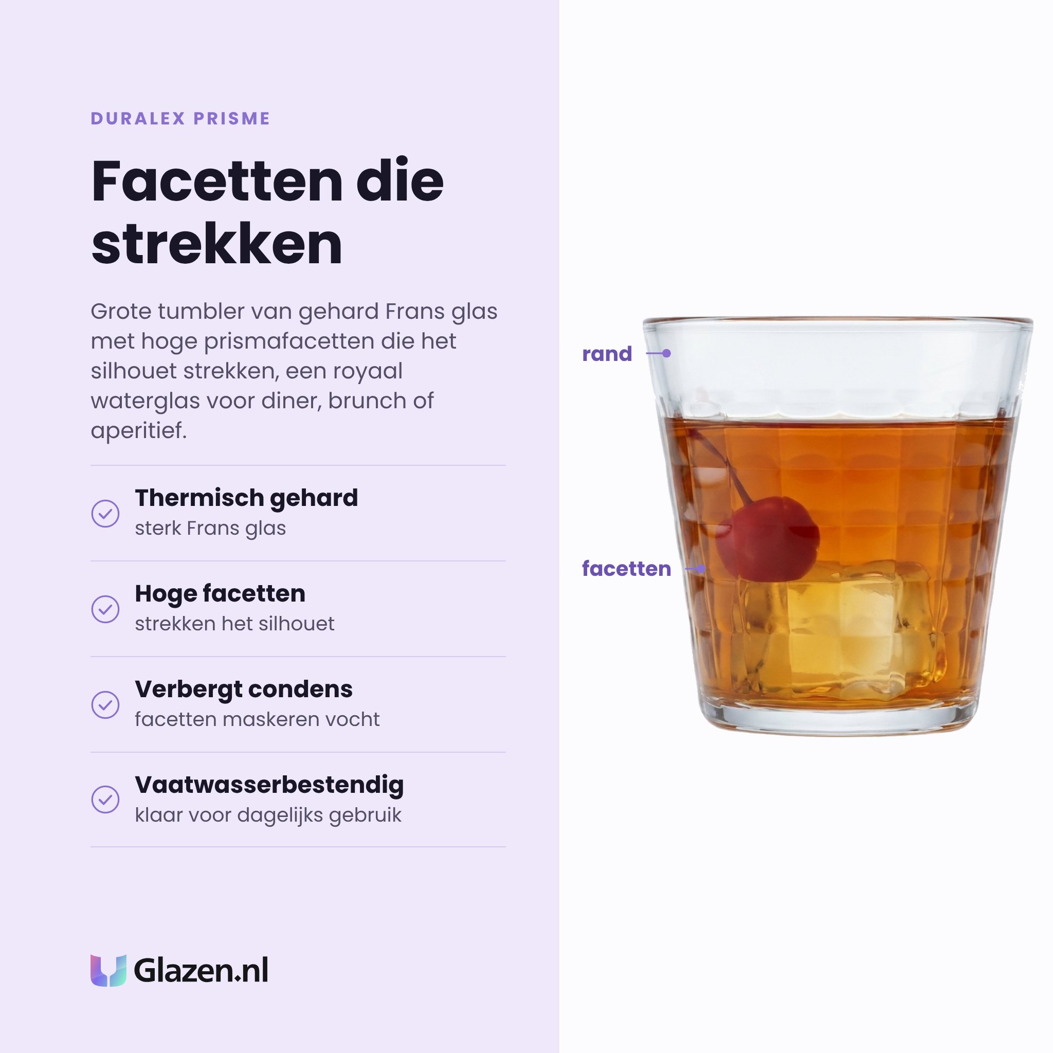Duralex Prisme tumbler 27,5 cl eigenschappen: thermisch gehard glas, hoge facetten, verbergt condens, vaatwasserbestendig