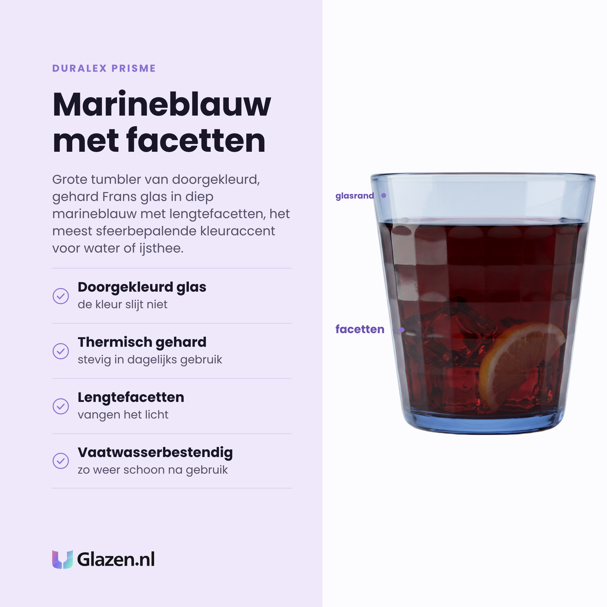 Duralex Prisme tumbler 27,5 cl eigenschappen: doorgekleurd glas, thermisch gehard, lengtefacetten, vaatwasserbestendig