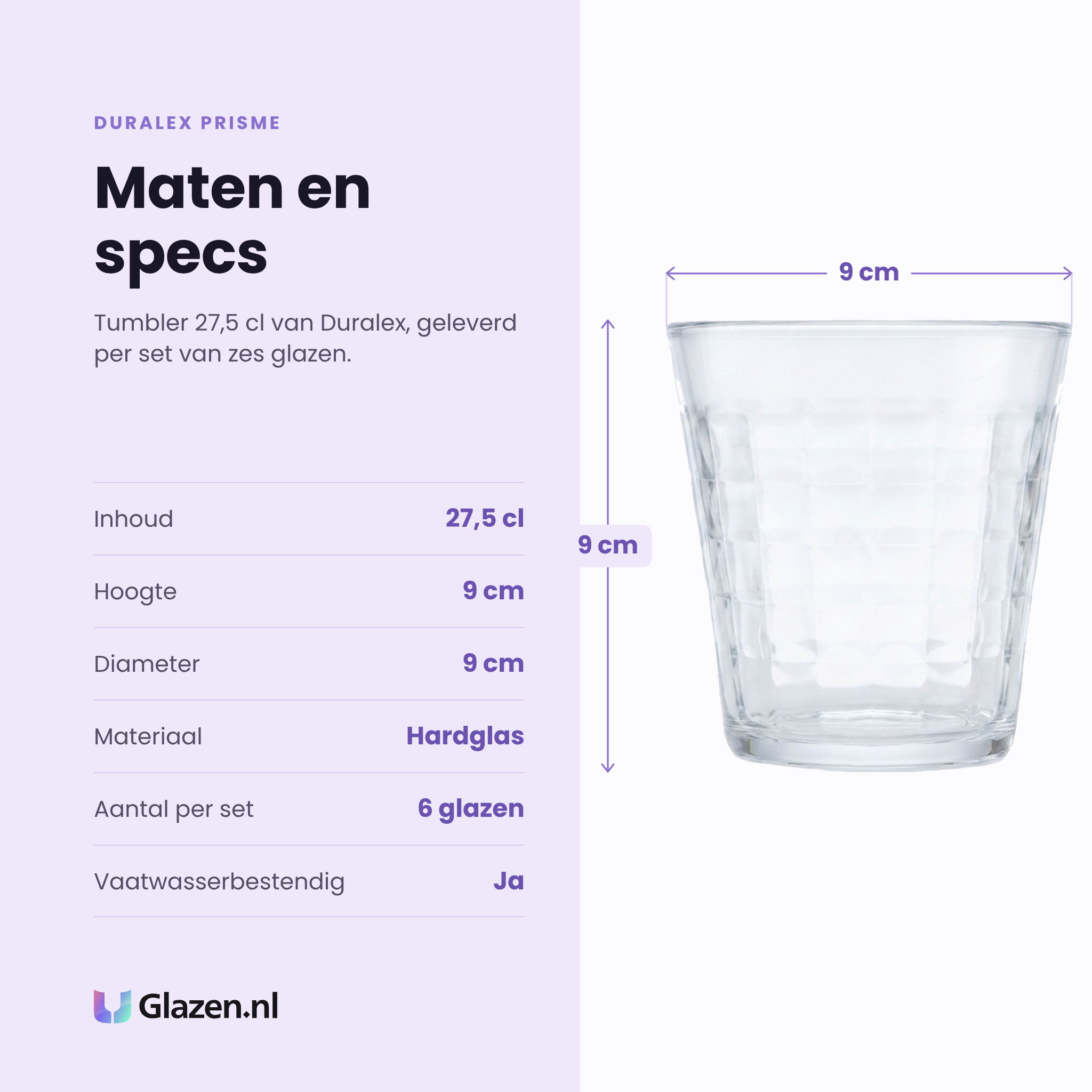 Duralex Prisme tumbler 27,5 cl specificaties: inhoud 27,5 cl, hoogte 9 cm, diameter 9 cm, hardglas, set van 6