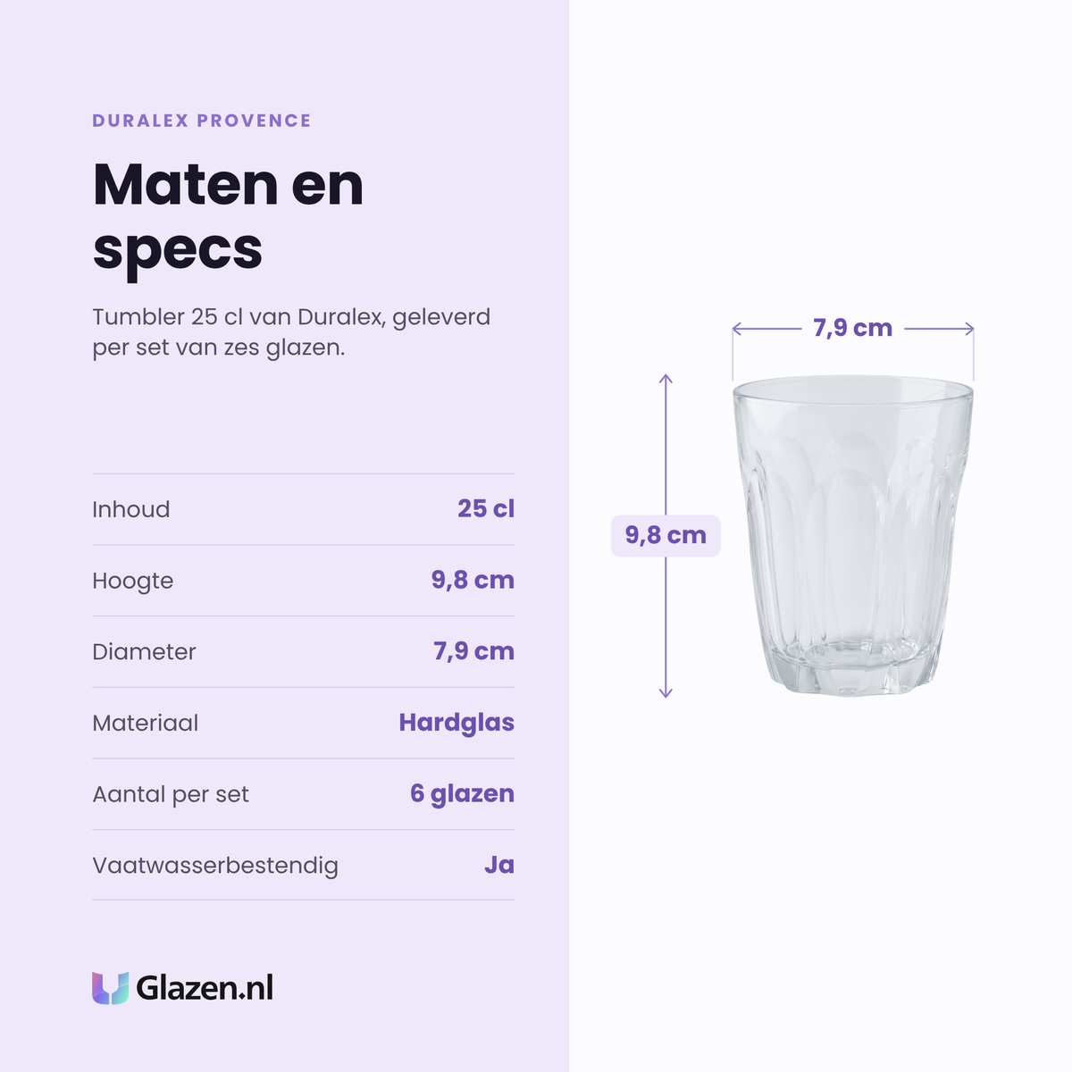 Duralex Provence tumbler 25 cl specificaties: inhoud 25 cl, hoogte 9,8 cm, diameter 7,9 cm, hardglas, set van 6