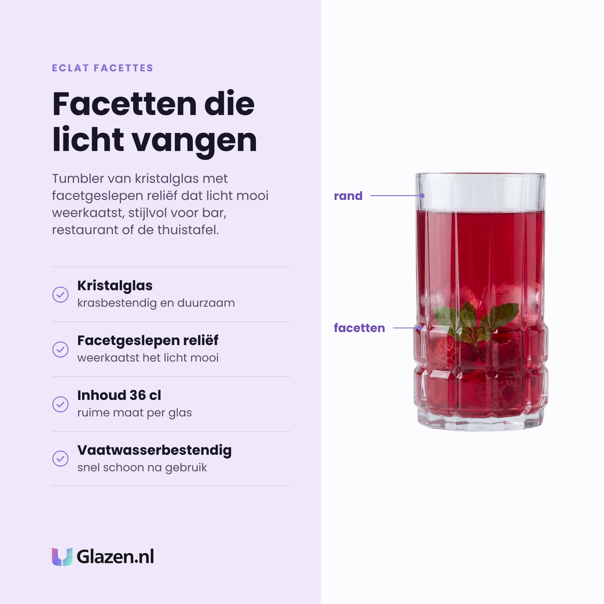 Eclat Facettes tumbler 36 cl eigenschappen: kristalglas, facetgeslepen reliëf, ruime maat van 36 cl, vaatwasserbestendig