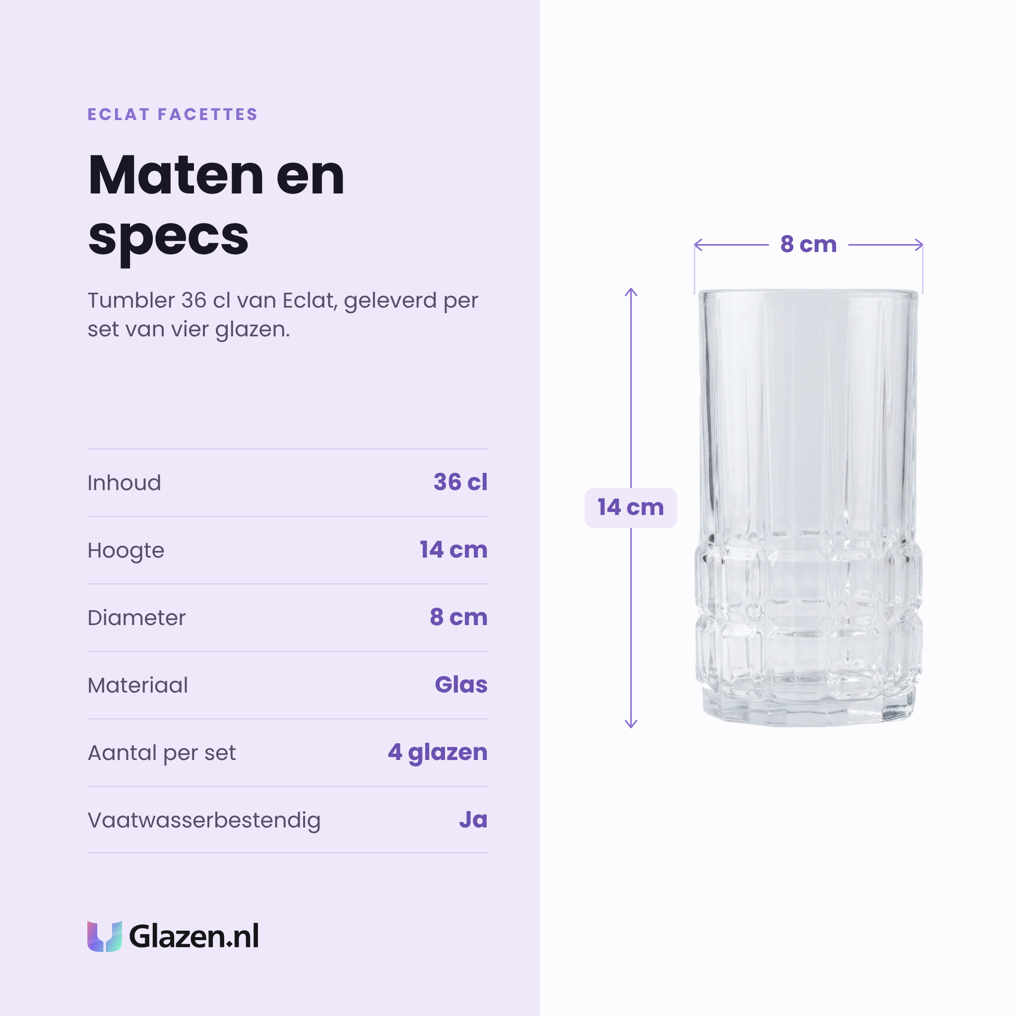 Eclat Facettes tumbler 36 cl specificaties: inhoud 36 cl, hoogte 14 cm, diameter 8 cm, glas, set van 4