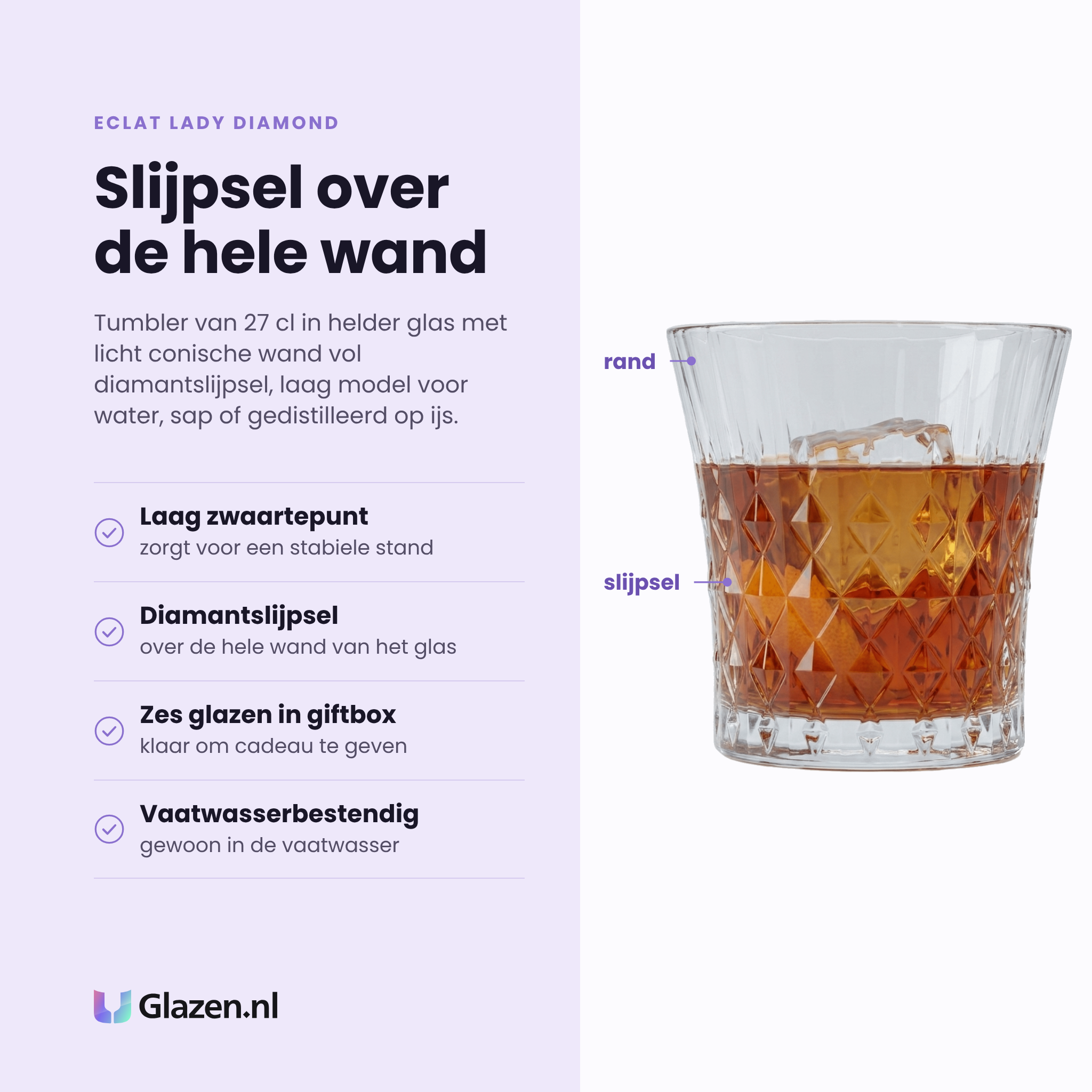 Eclat Lady Diamond tumbler 27 cl eigenschappen: laag zwaartepunt, diamantslijpsel, zes glazen in giftbox, vaatwasserbestendig