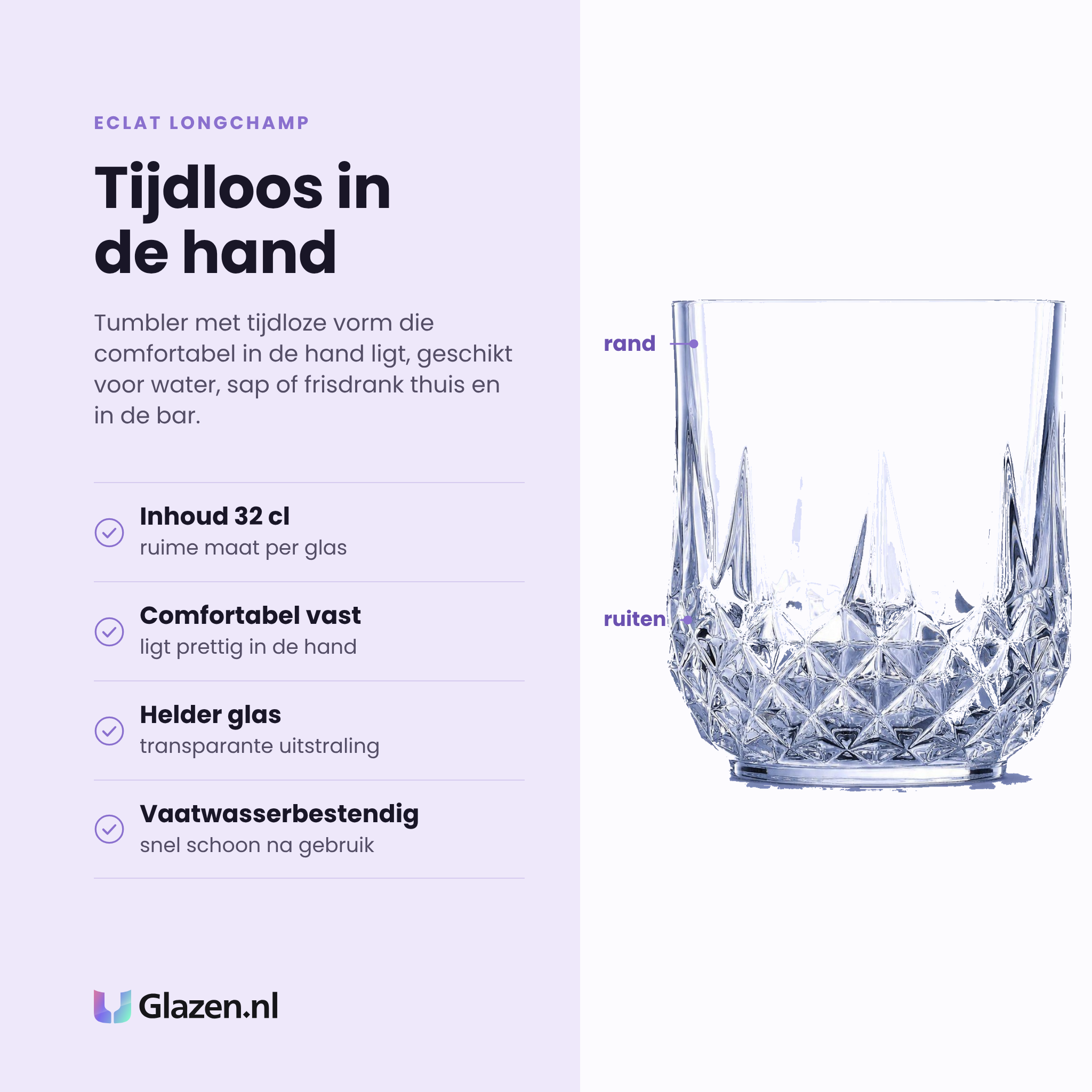Eclat Longchamp tumbler 32 cl eigenschappen: helder glas, comfortabel in de hand, ruime inhoud van 32 cl, vaatwasserbestendig