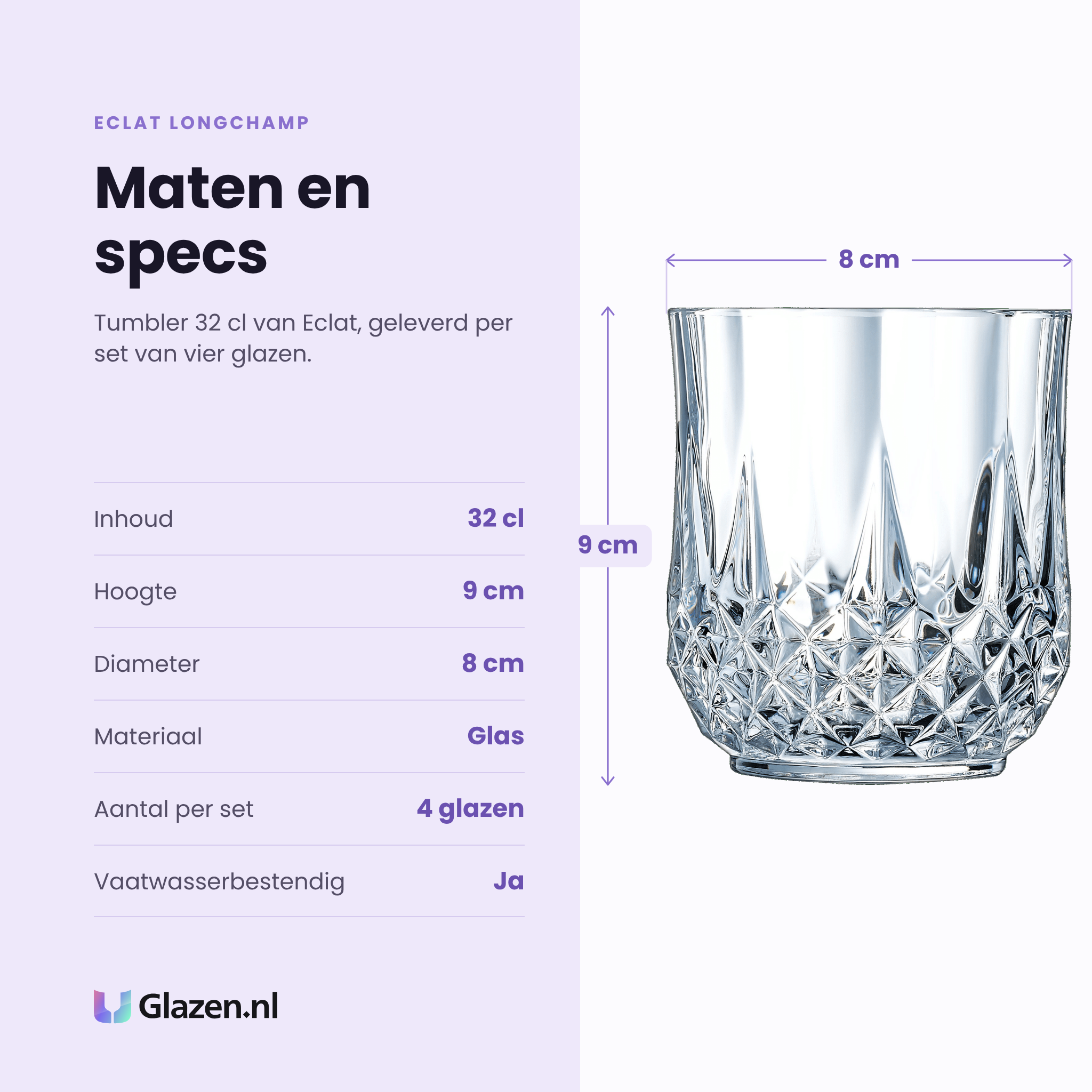 Eclat Longchamp tumbler 32 cl specificaties: inhoud 32 cl, hoogte 9 cm, diameter 8 cm, glas, set van 4