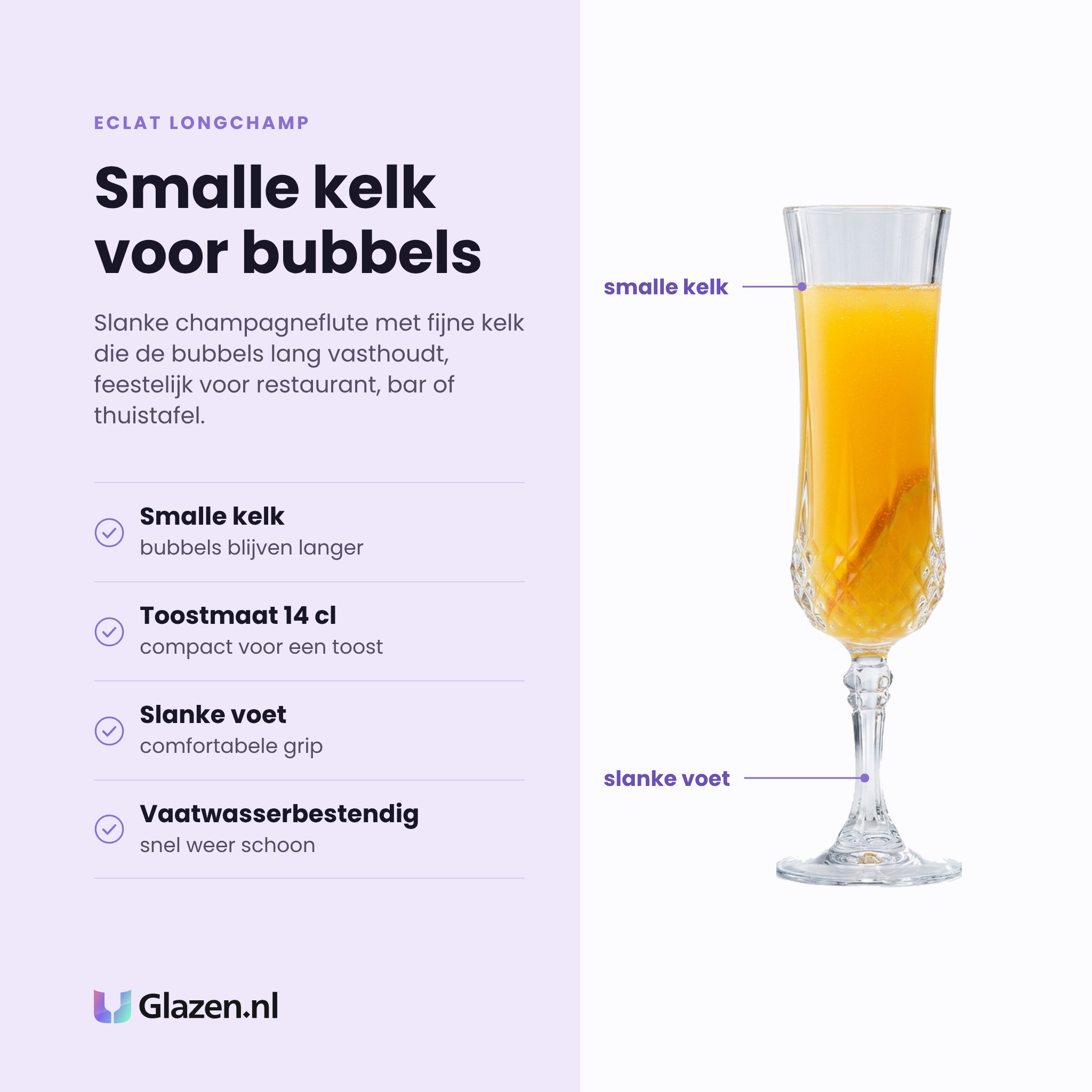 Eclat Longchamp champagneflute 14 cl eigenschappen: smalle kelk houdt de bubbels, compacte toostmaat, slanke voet, vaatwasserbestendig