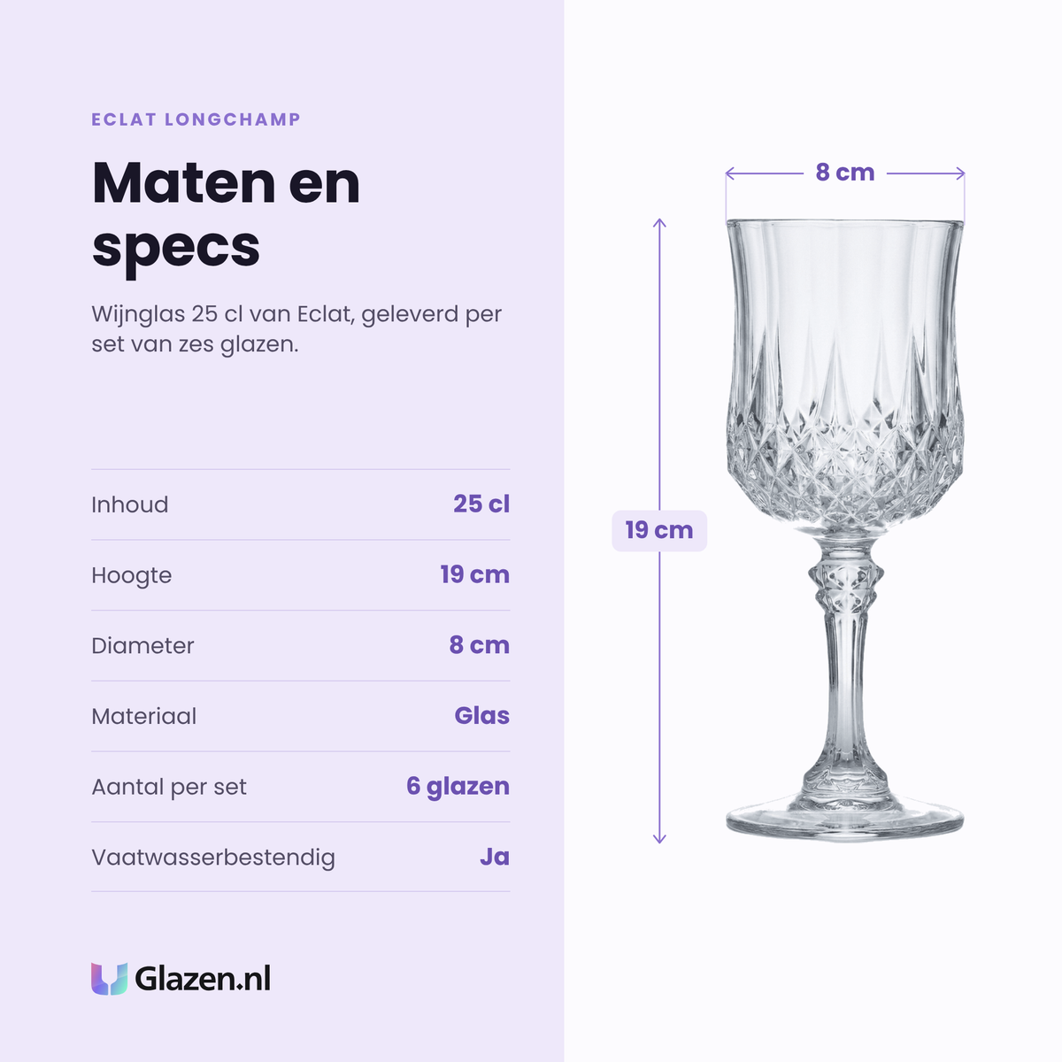 Eclat Longchamp wijnglas 25 cl specificaties: inhoud 25 cl, hoogte 19 cm, diameter 8 cm, glas, set van 6