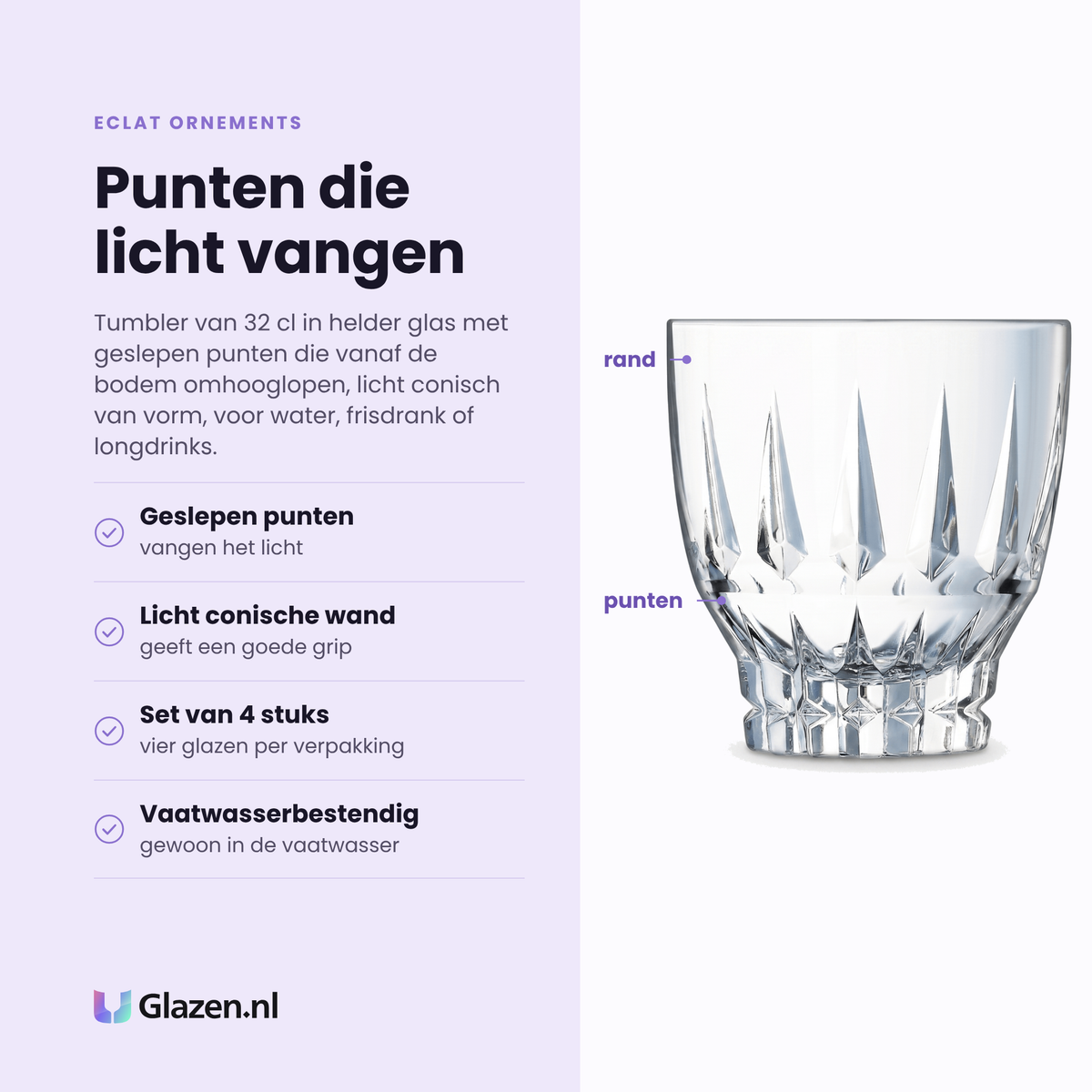 Eclat Ornements tumbler 32 cl eigenschappen: geslepen punten, licht conische wand, set van 4 stuks, vaatwasserbestendig