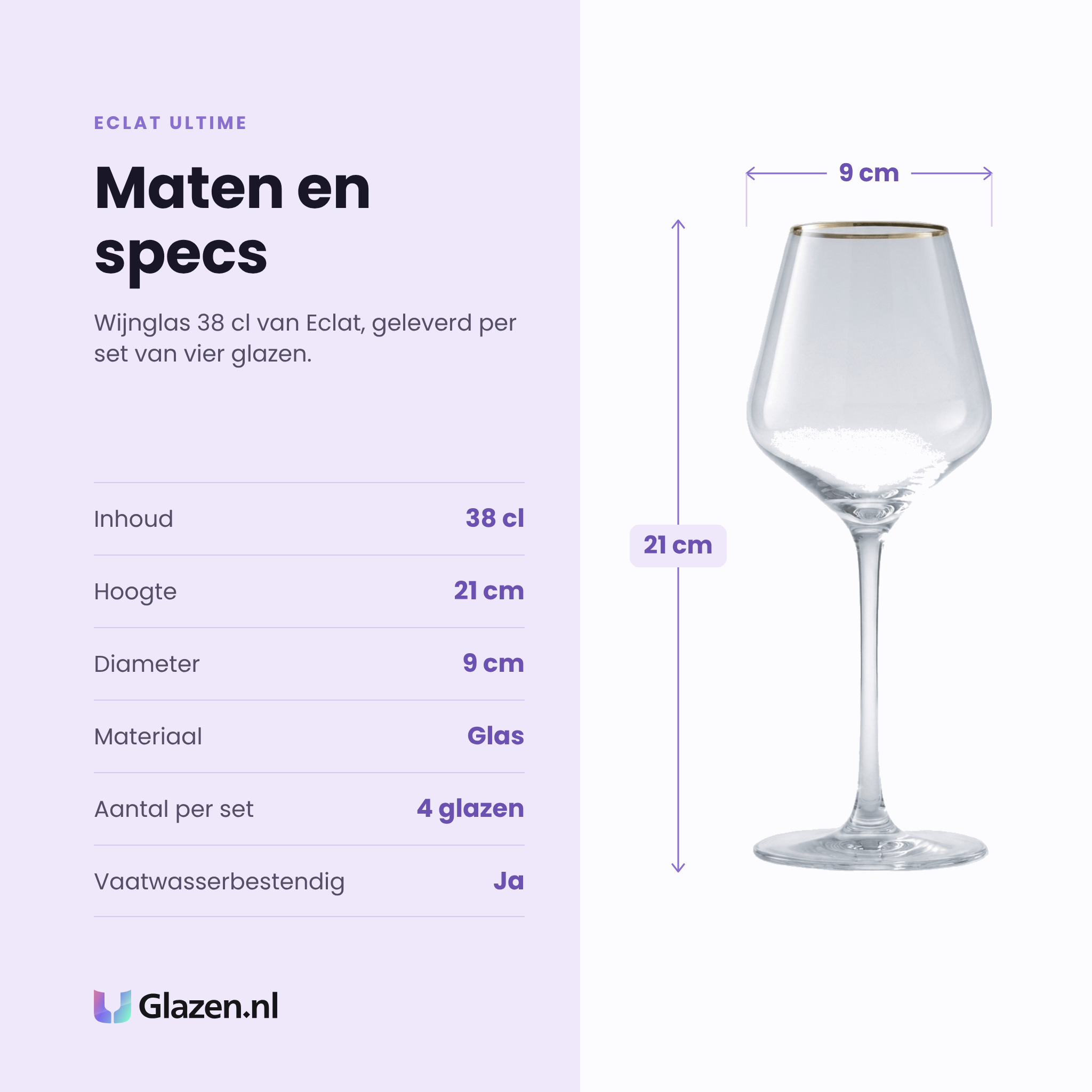 Eclat Ultime wijnglas 38 cl gouden rand specificaties: inhoud 38 cl, hoogte 21 cm, diameter 9 cm, glas, set van 4