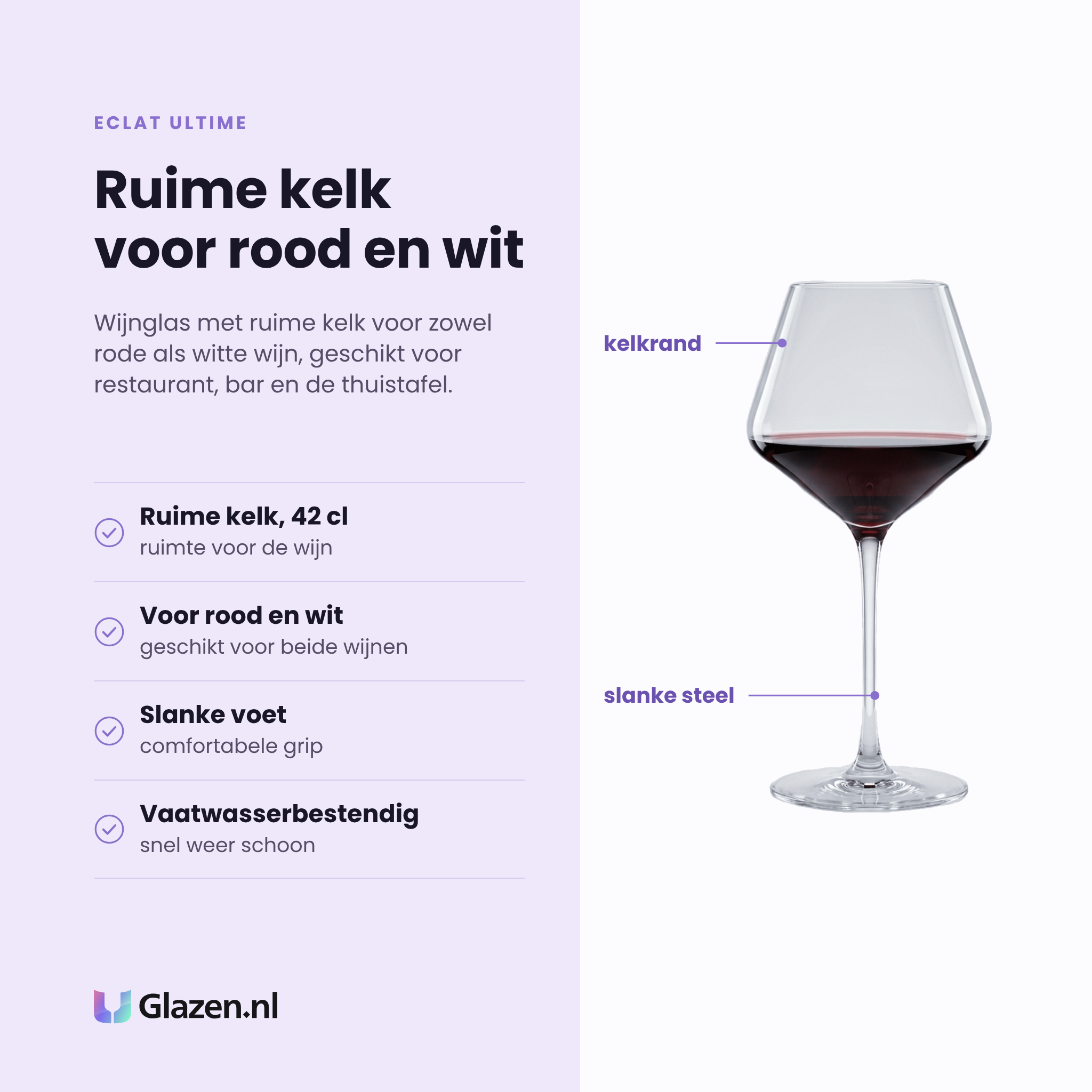 Eclat Ultime wijnglas 42 cl eigenschappen: ruime kelk van 42 cl, geschikt voor rood en wit, slanke voet met comfortabele grip, vaatwasserbestendig