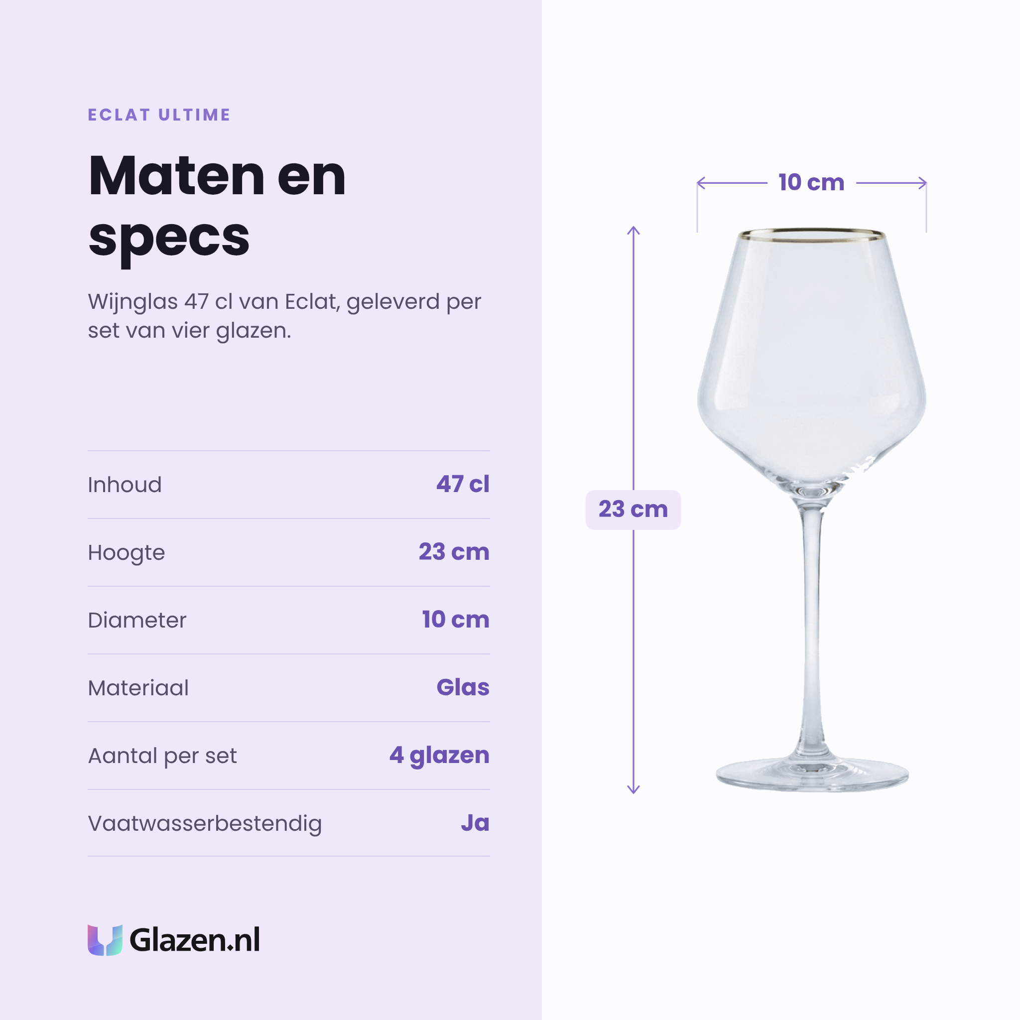 Eclat Ultime wijnglas 47 cl gouden rand specificaties: inhoud 47 cl, hoogte 23 cm, diameter 10 cm, glas, set van 4