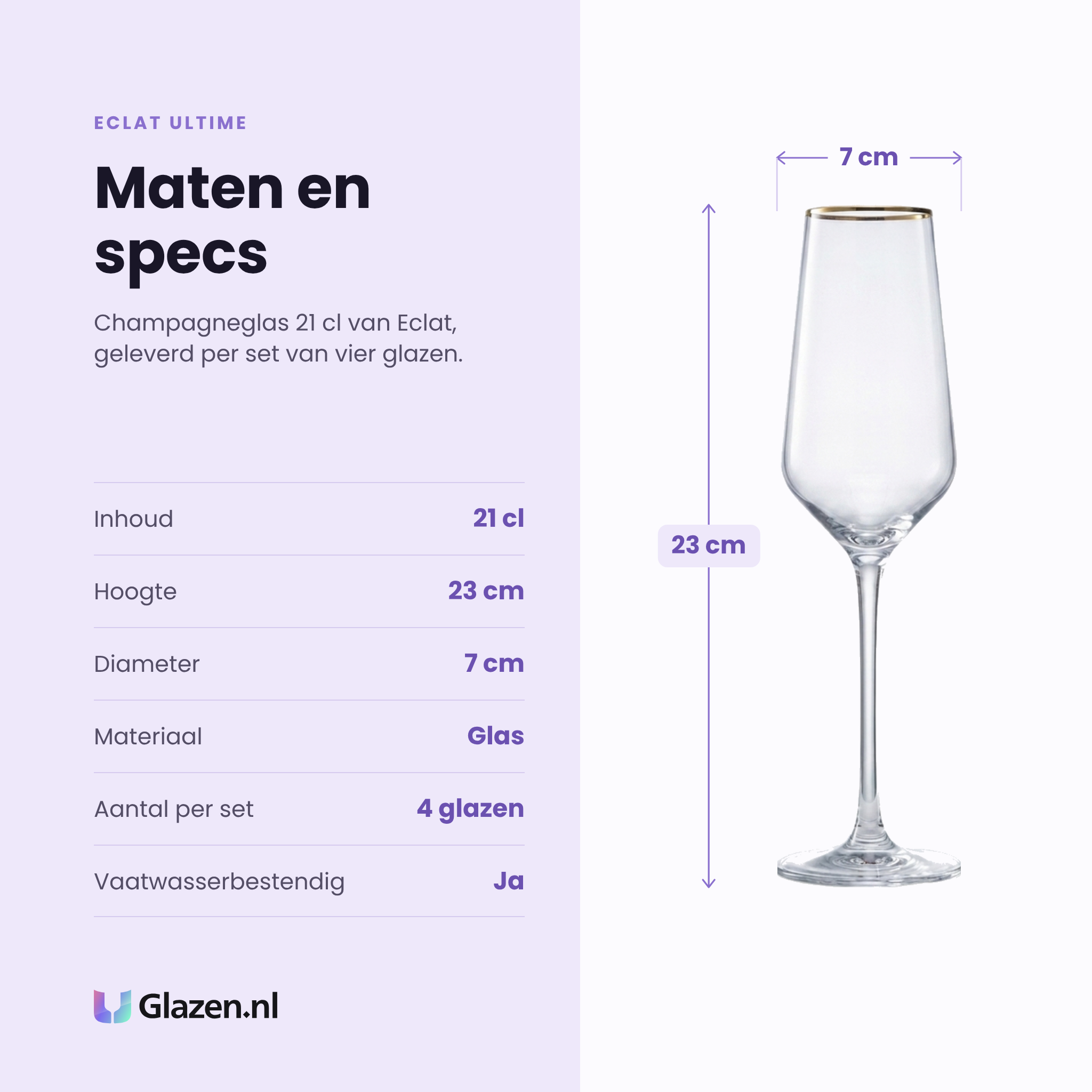 Eclat Ultime champagneglas 21 cl specificaties: inhoud 21 cl, hoogte 23 cm, diameter 7 cm, glas, set van 4
