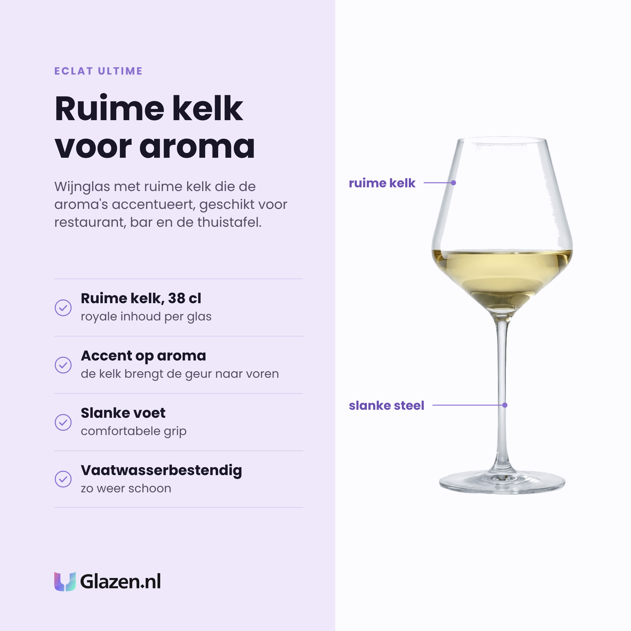 Eclat Ultime wijnglas 38 cl eigenschappen: ruime kelk van 38 cl, accent op aroma, slanke voet, vaatwasserbestendig