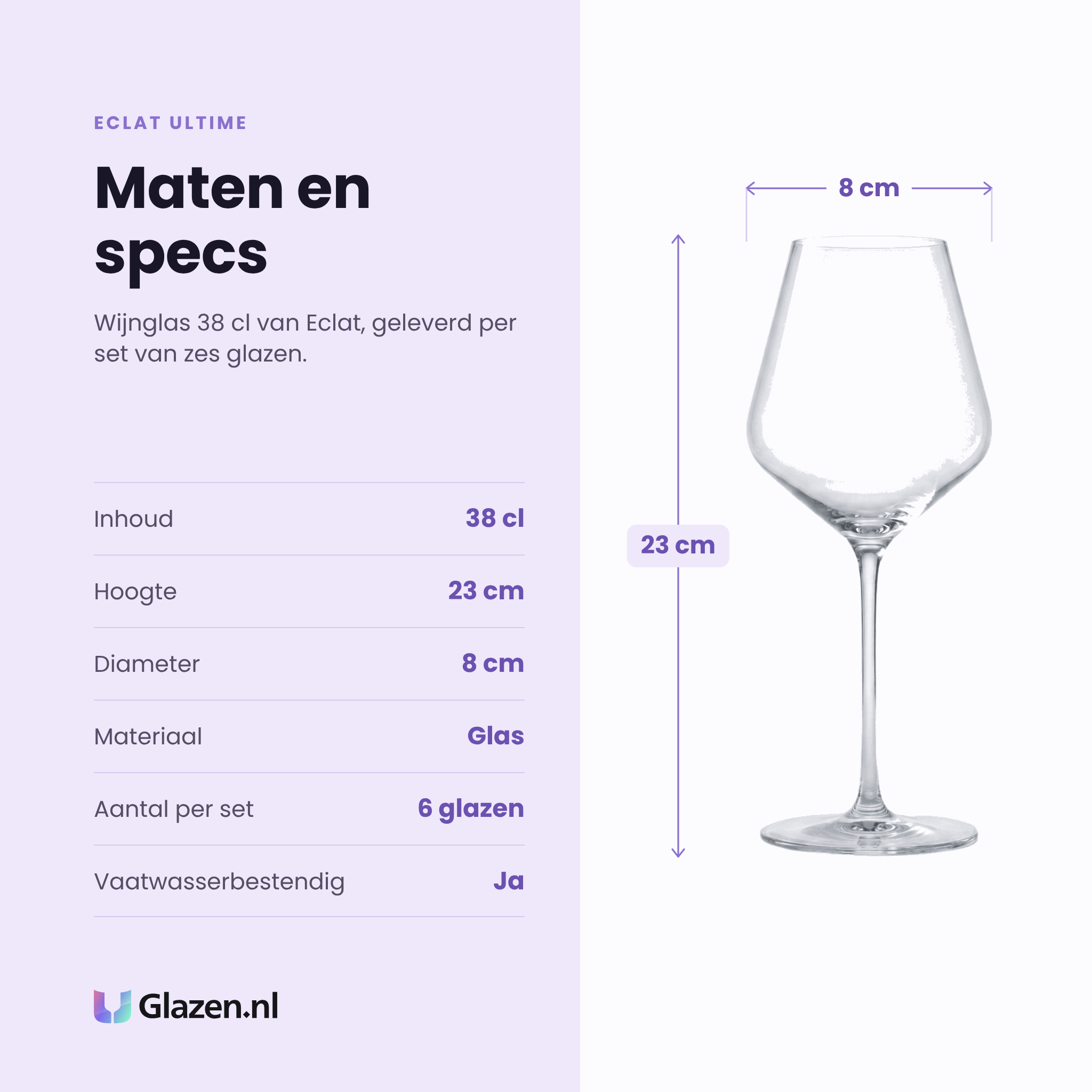 Eclat Ultime wijnglas 38 cl specificaties: inhoud 38 cl, hoogte 23 cm, diameter 8 cm, glas, set van 6