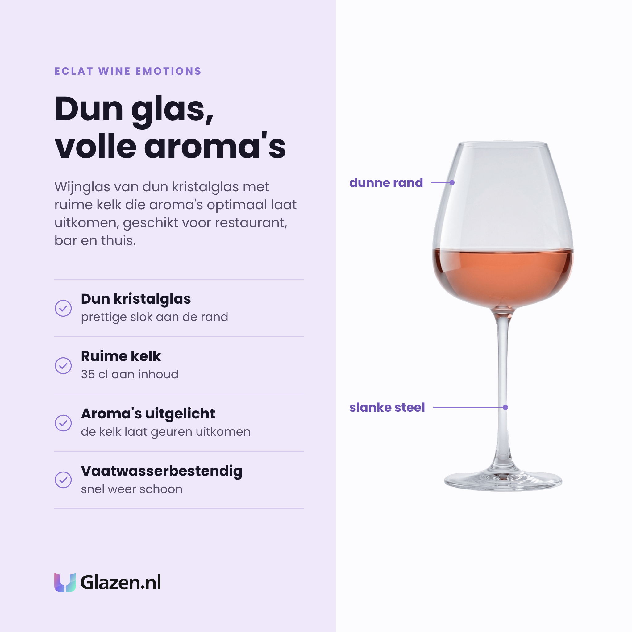 Eclat Wine Emotions wijnglas 35 cl eigenschappen: dun kristalglas, ruime kelk van 35 cl, kelk laat aroma's uitkomen, vaatwasserbestendig