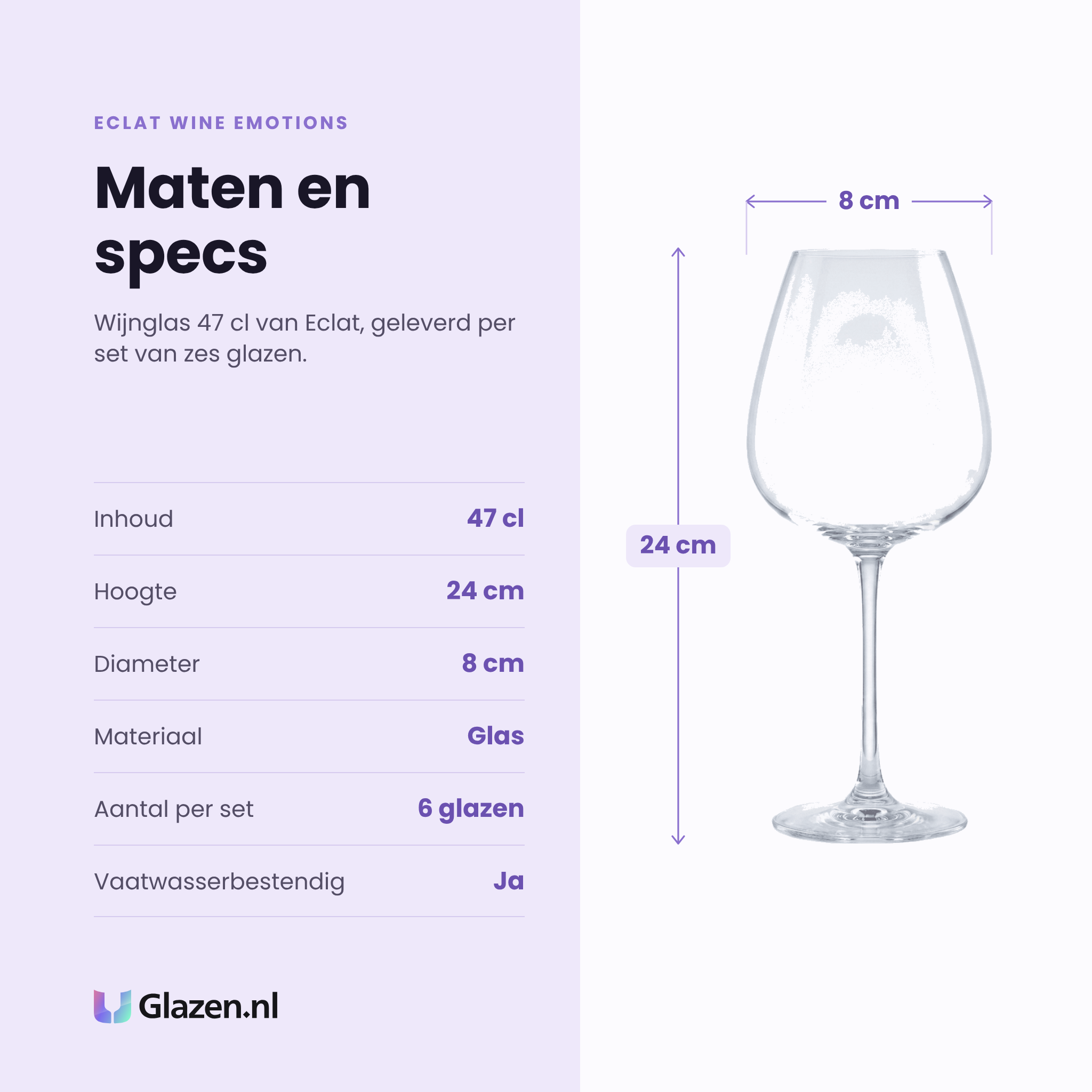 Eclat Wine Emotions wijnglas 47 cl specificaties: inhoud 47 cl, hoogte 24 cm, diameter 8 cm, glas, set van 6