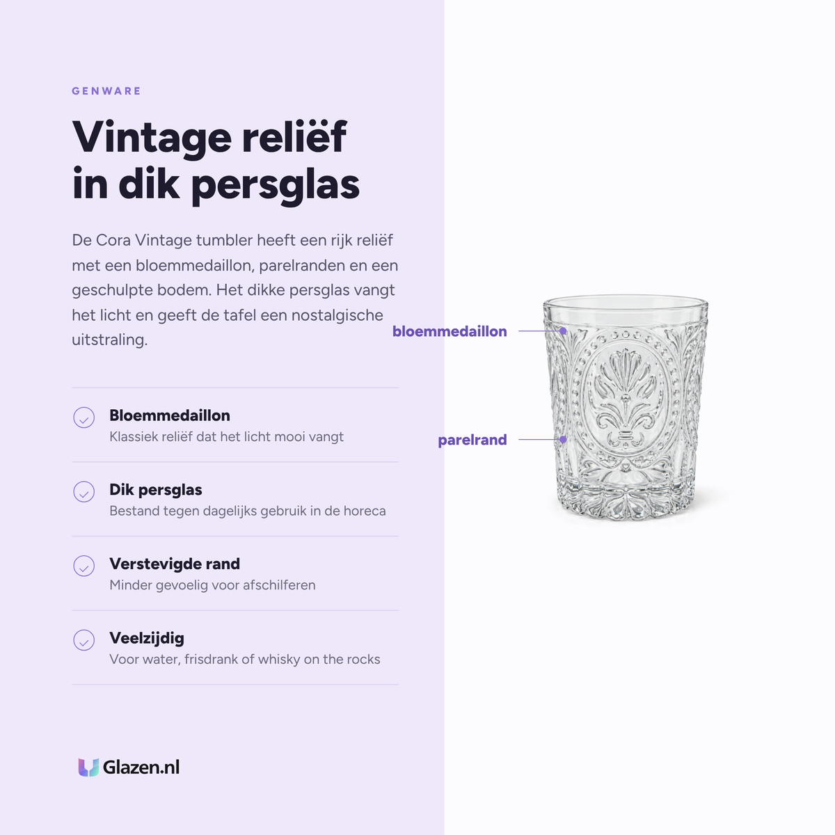 Infographic met de eigenschappen van GenWare Cora Vintage tumbler 36 cl