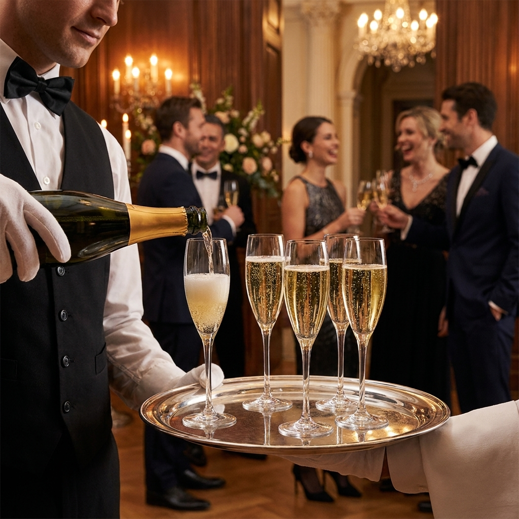Ober schenkt champagne in Bormioli Rocco Premium flutes op receptie