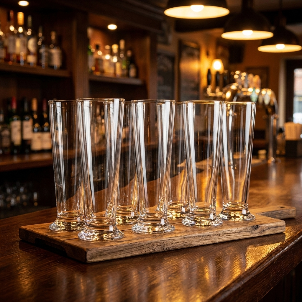 Set van 6 Arcoroc Linz bierglazen op dienblad