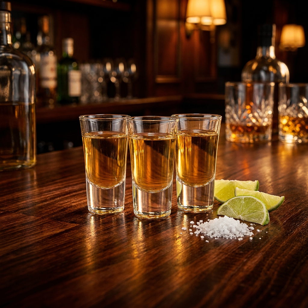 Bormioli Rocco Dublino shotglazen 5,7 cl gevuld met tequila, limoen en zout op bar