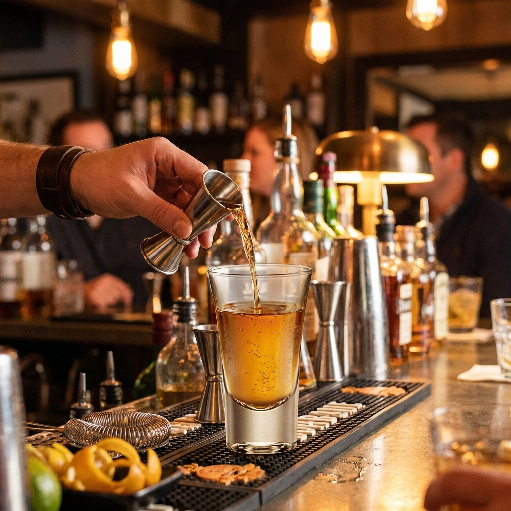 Barman schenkt shot in Bormioli Rocco Dublino shotglas