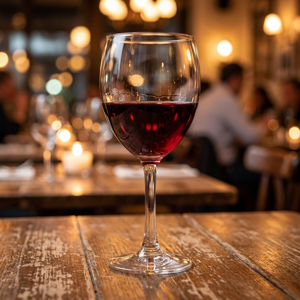 Arcoroc Savoie wijnglas 35 cl ingeschonken met rode wijn op bistrotafel