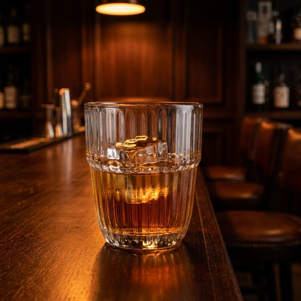 Bormioli Rocco Barshine tumbler 39,5 cl met whisky en ijsklont op bar