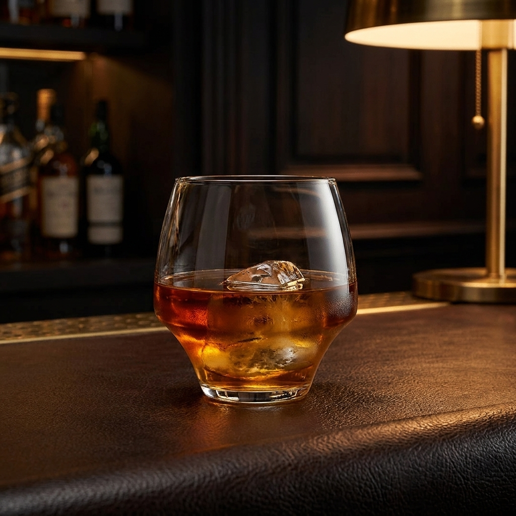 Chef & Sommelier Open Up tumbler 38 cl met rum en ijsklont op bar