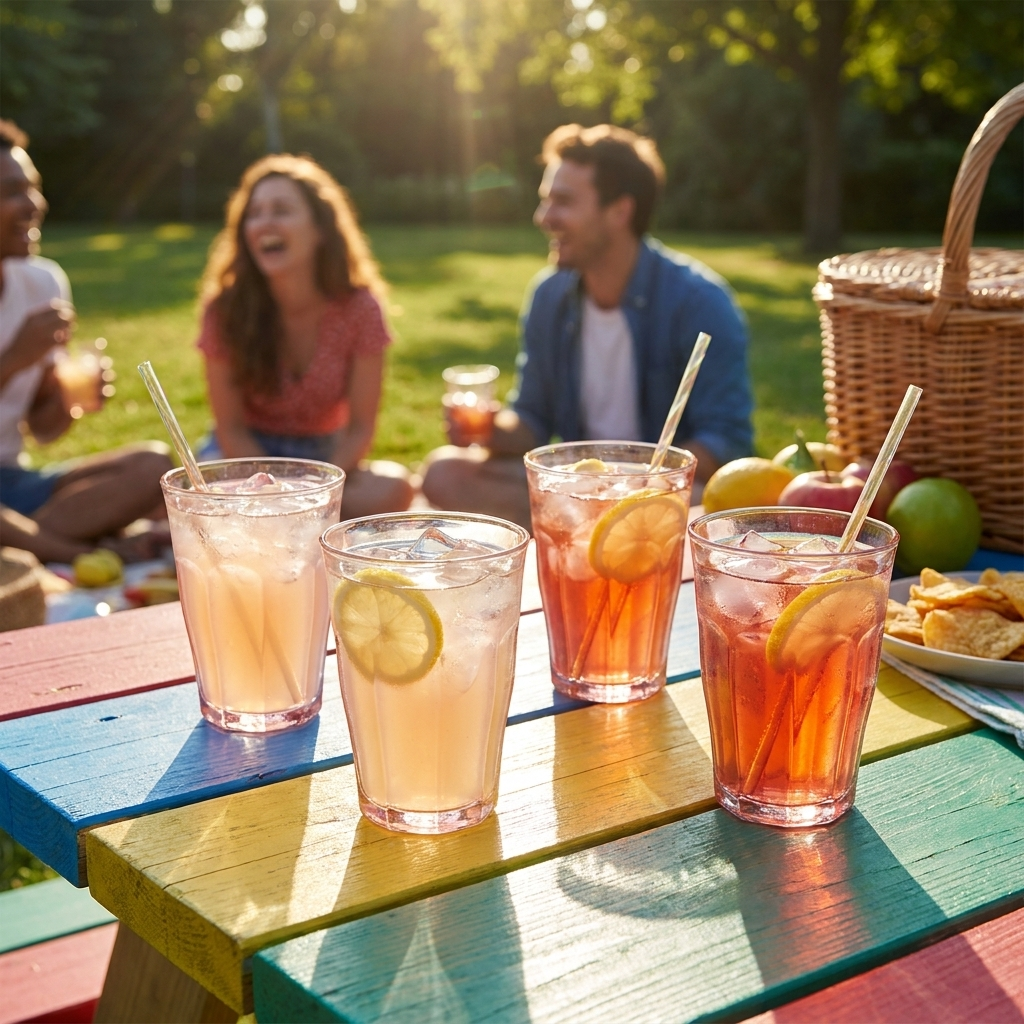 Vier Duralex Picardie tumblers roze met ijsdrankjes op picknicktafel