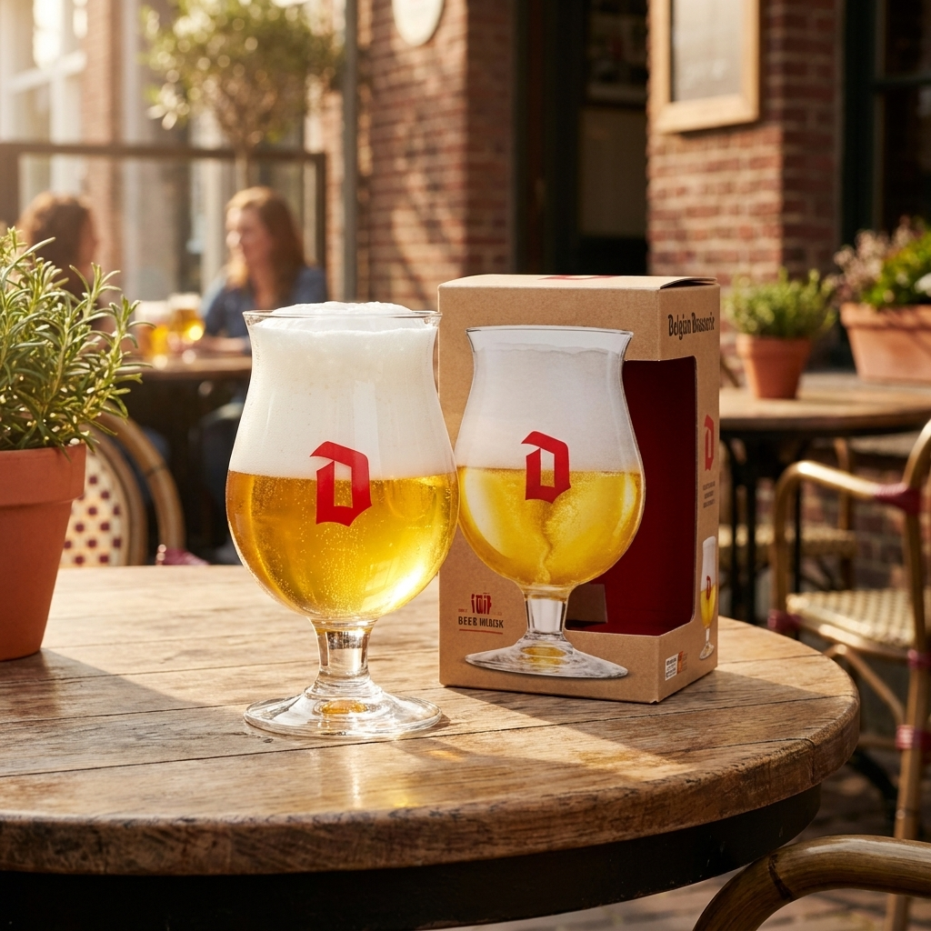 Duvel bierglas met giftbox op terrastafel
