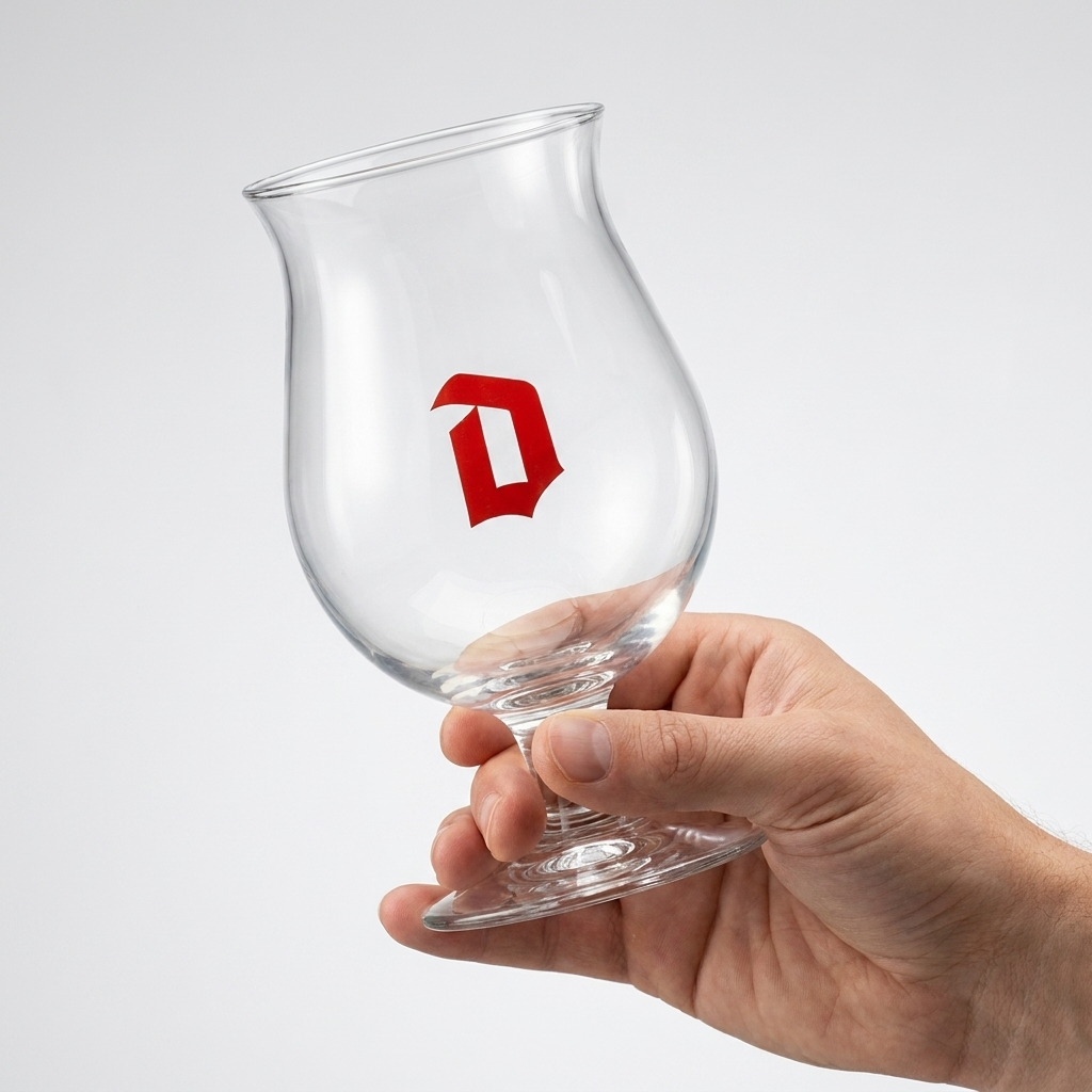 Duvel bierglas 33 cl in hand voor formaatindicatie