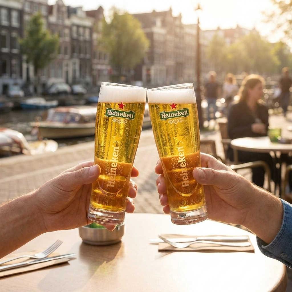 Proostmoment met Heineken Ellipse bierglazen op Amsterdams terras