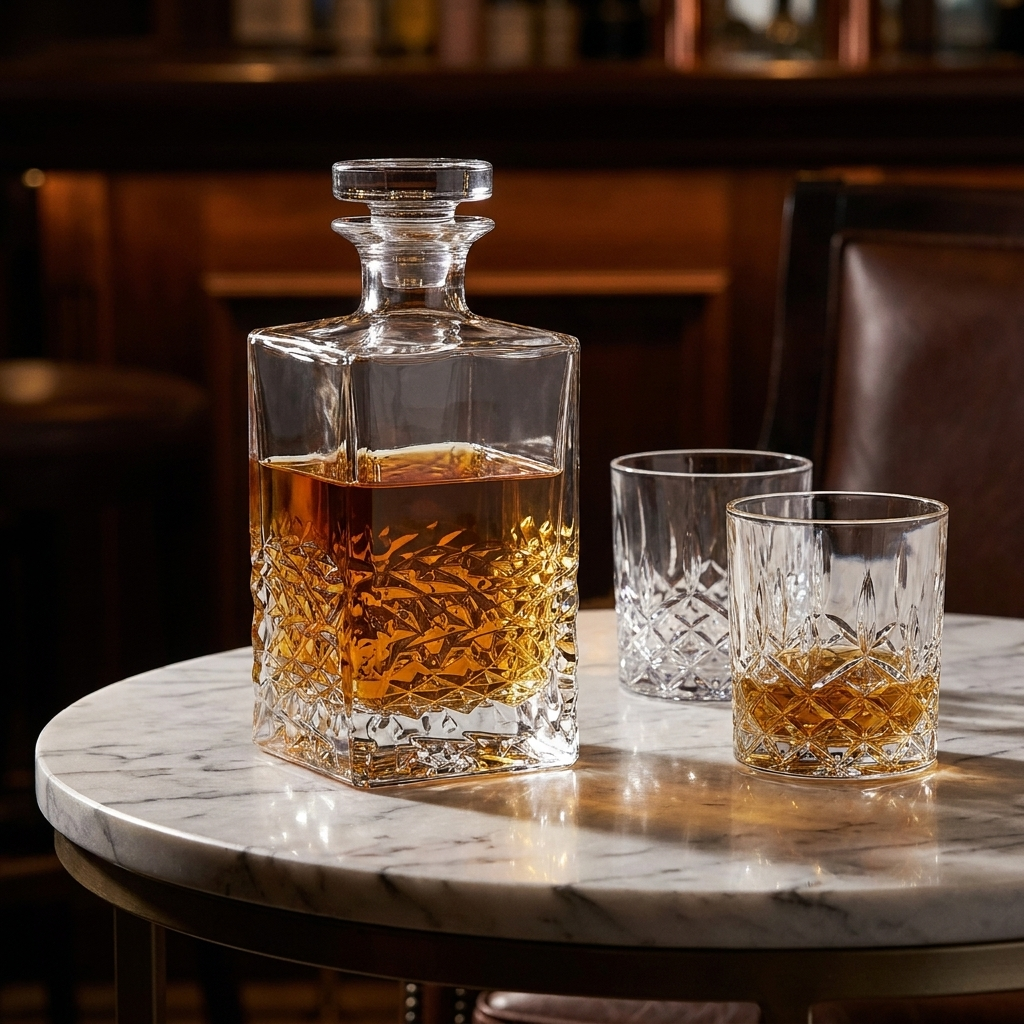 Luigi Bormioli Mixology Textures decanteerkaraf 75 cl met whisky op marmeren tafel