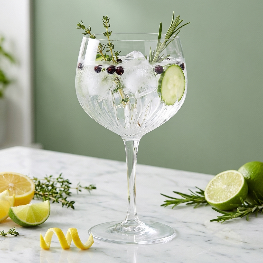 Luigi Bormioli Spanish gin tonic glas met botanicals tegen saliegroene achtergrond