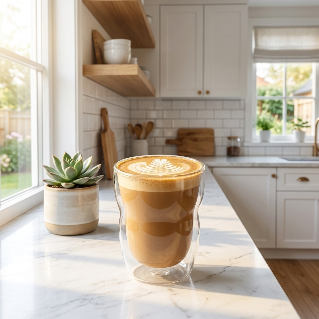 Luigi Bormioli Thermic Coffee On The Go 34 cl met latte art op marmeren aanrecht