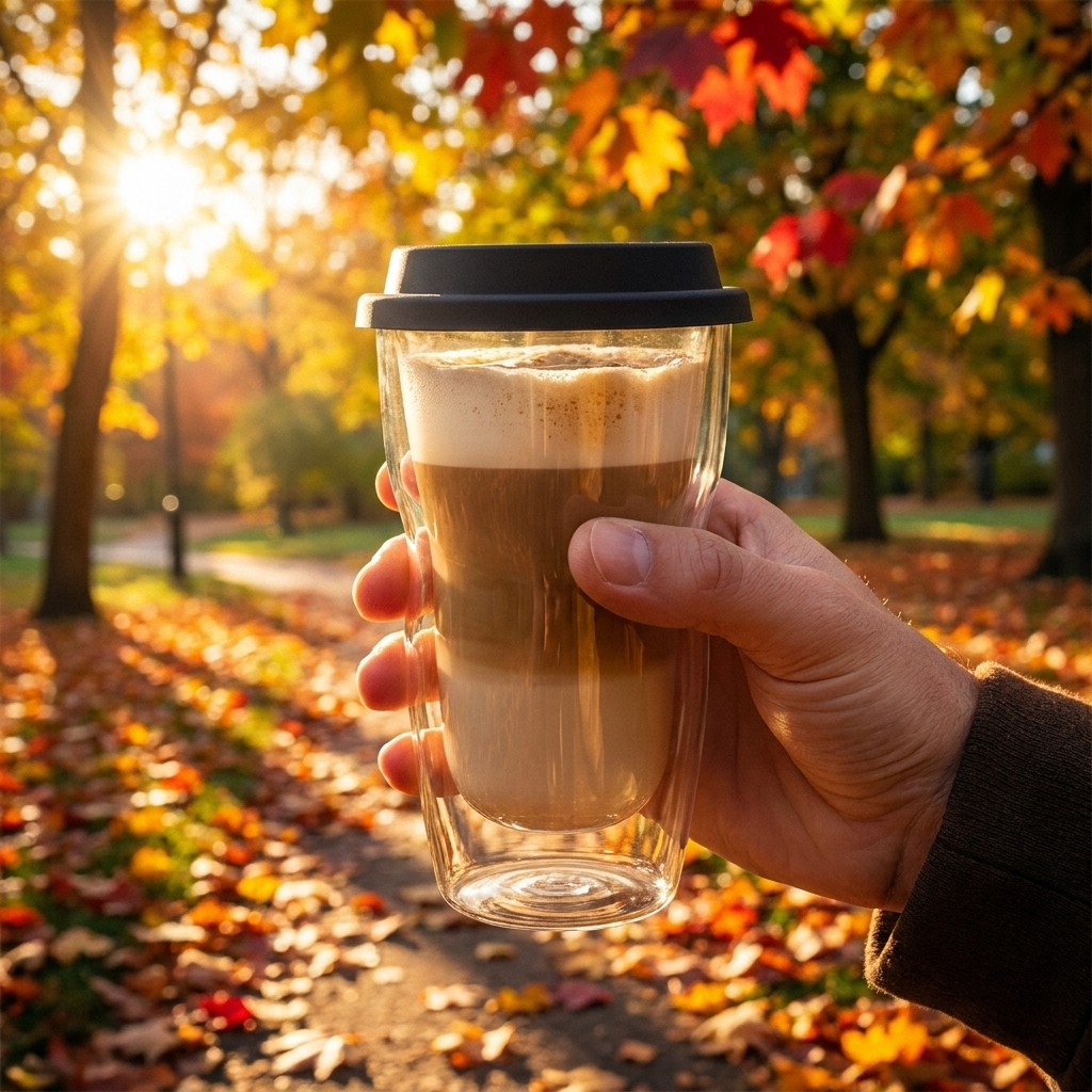 Coffee on the go: hand met Luigi Bormioli Thermic glas 34 cl in het park