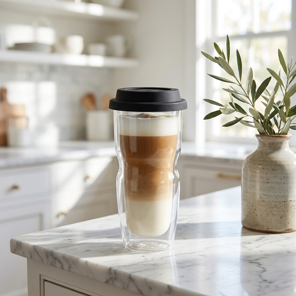Luigi Bormioli Thermic glas 46 cl met gelaagde latte op marmeren aanrecht