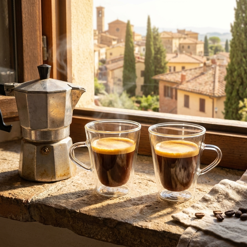 Luigi Bormioli Espressino glazen met espresso op zonnige vensterbank met mokkapot