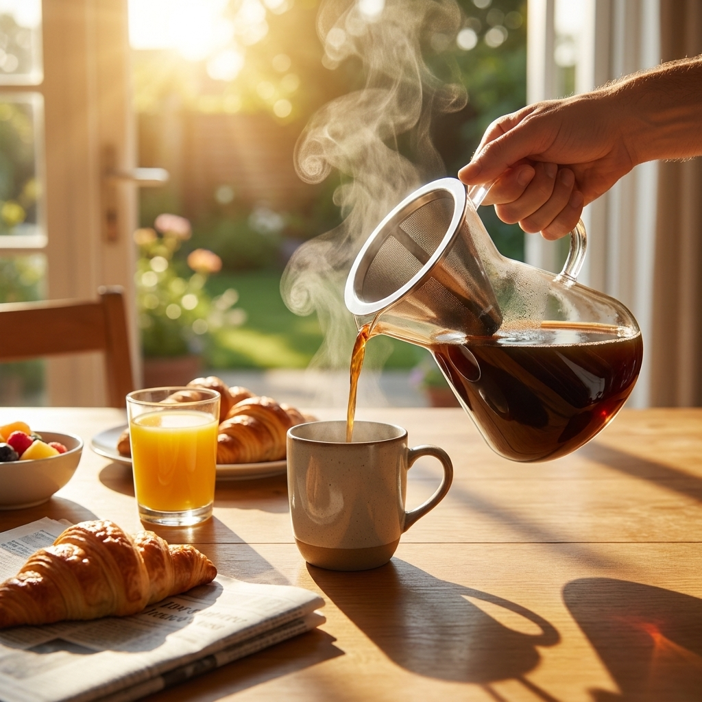 Koffie inschenken uit Luigi Bormioli Thermic koffiemaker aan ontbijttafel