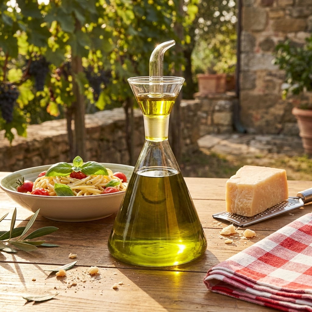 Luigi Bormioli Thermic oliefles Conical 25 cl op Italiaanse lunchtafel met pasta