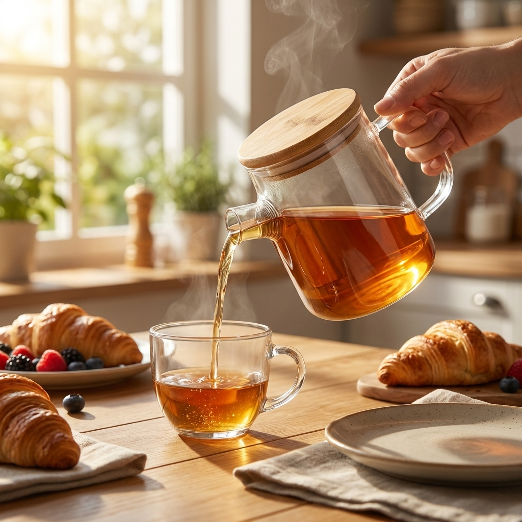 Thee inschenken uit Luigi Bormioli anti-drip theepot aan ontbijttafel