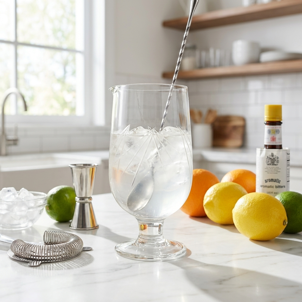 Speakeasy Footed mixglas 80 cl met cocktail roeren op keukenblad