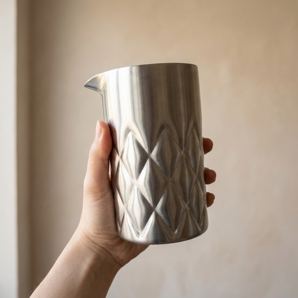 Speakeasy Yarai mixglas RVS 55 cl in hand voor formaatindicatie