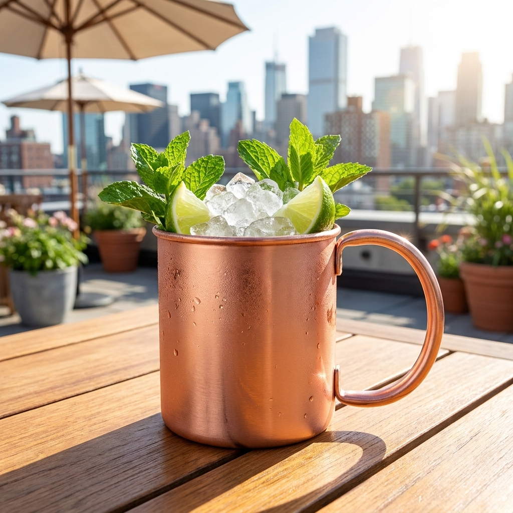 Speakeasy Moscow Mule cocktailglas aluminium met mule op rooftop terras