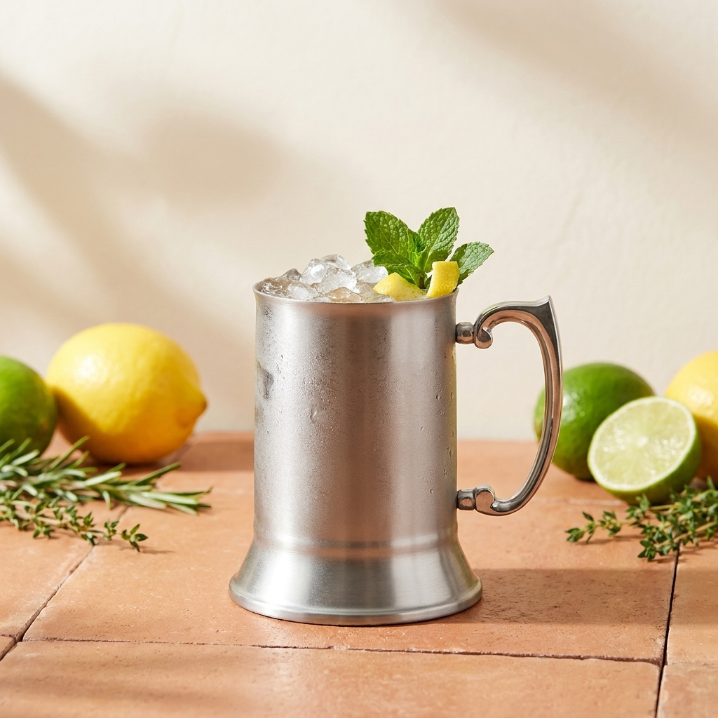Speakeasy Tankard beker met cocktail tegen crème achtergrond met citrus en kruiden