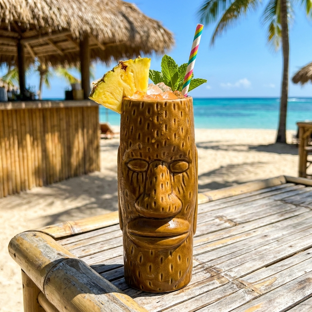Tiki beker Easter Islander 45 cl met tropische cocktail aan strandbar