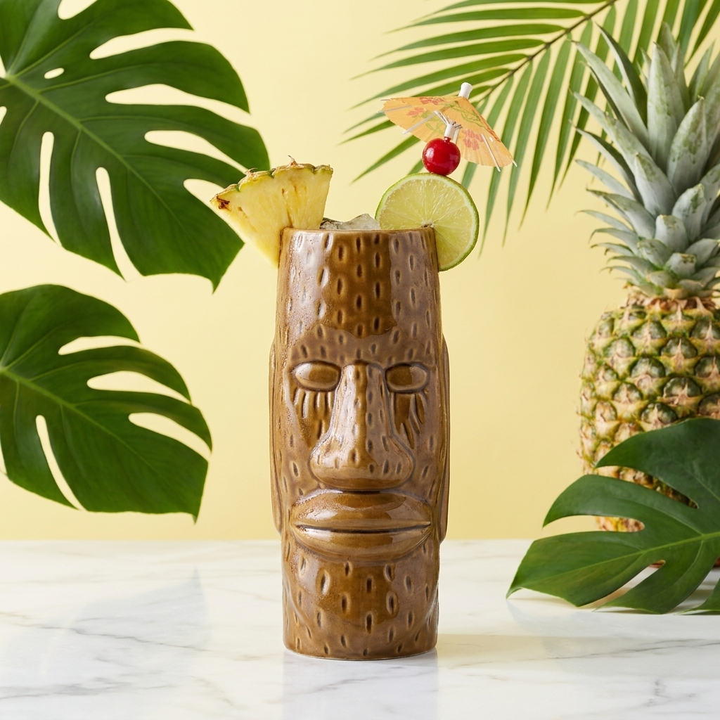 Tiki beker Easter Islander met cocktail tegen pastelgele achtergrond met ananas