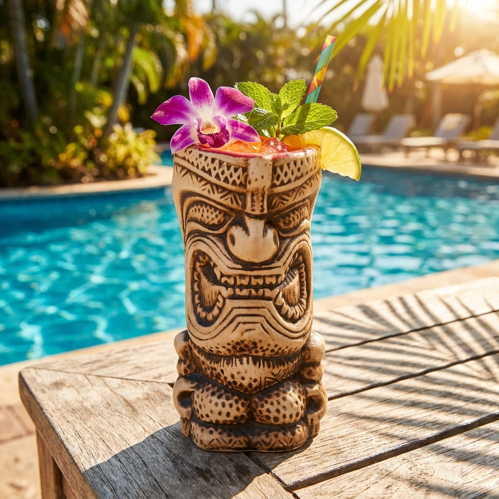Tiki beker Kupicchu 35 cl met tiki-cocktail aan het zwembad