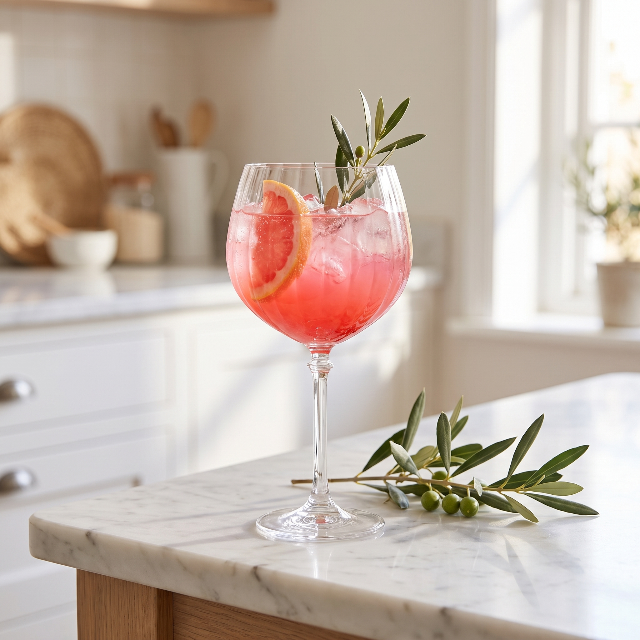 Gin tonic glas met roze grapefruitcocktail op een wit marmeren keukeneiland met olijftakje